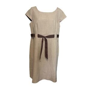 Studio I Women’s Career Beige Short-Sleeve Knee Length Belted Dress Size 14P